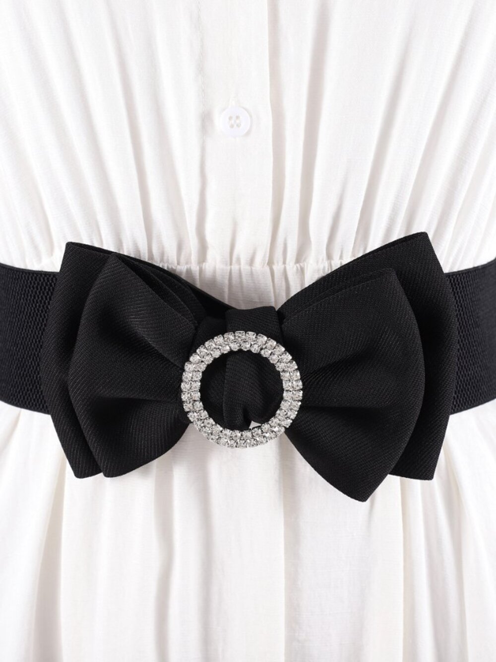 2/$30 NWT Black Elastic Wide Waist Belt Rhinestone Circle Bow Clasp Cinch Corset